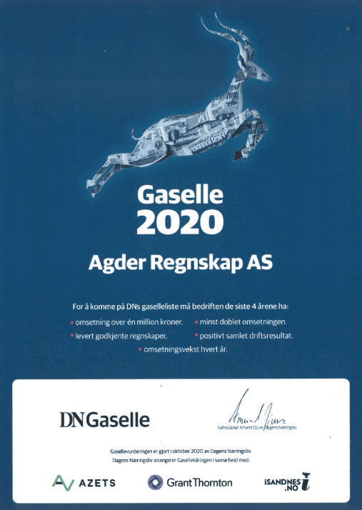 Gasellediplom fra Dagens Næringsliv: Gaselle 2020, Agder Regnskap AS